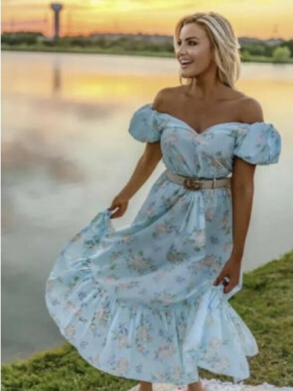LoveShackFancy Light Blue Floral Puff-Sleeve Maxi Dress